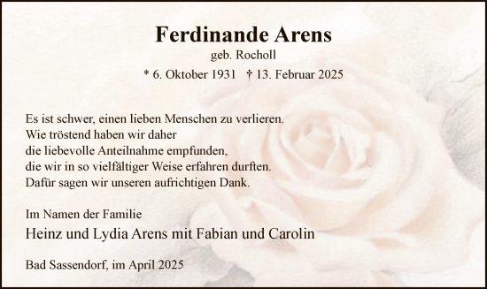 Traueranzeige von Ferdinande Arens von WA