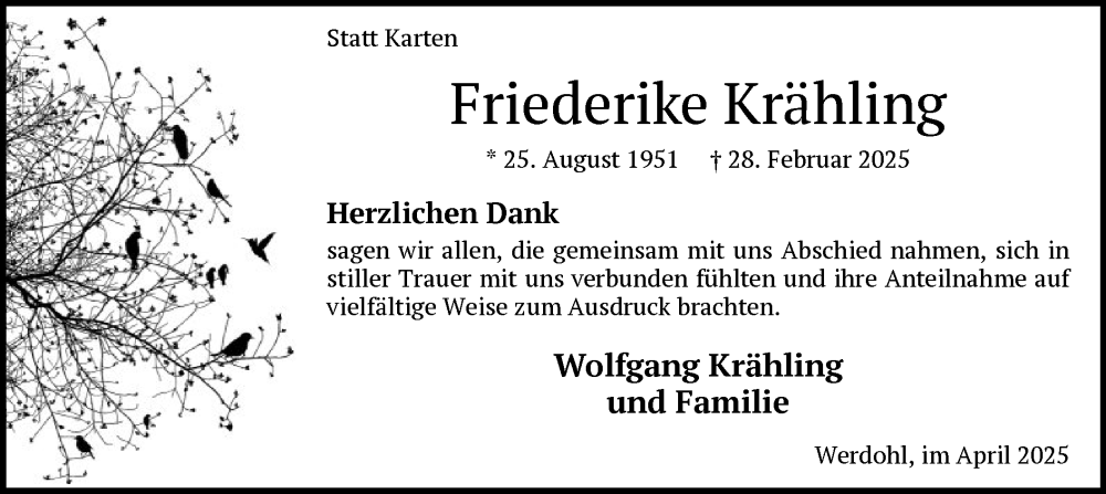  Traueranzeige für Friederike Krähling vom 12.04.2025 aus WA