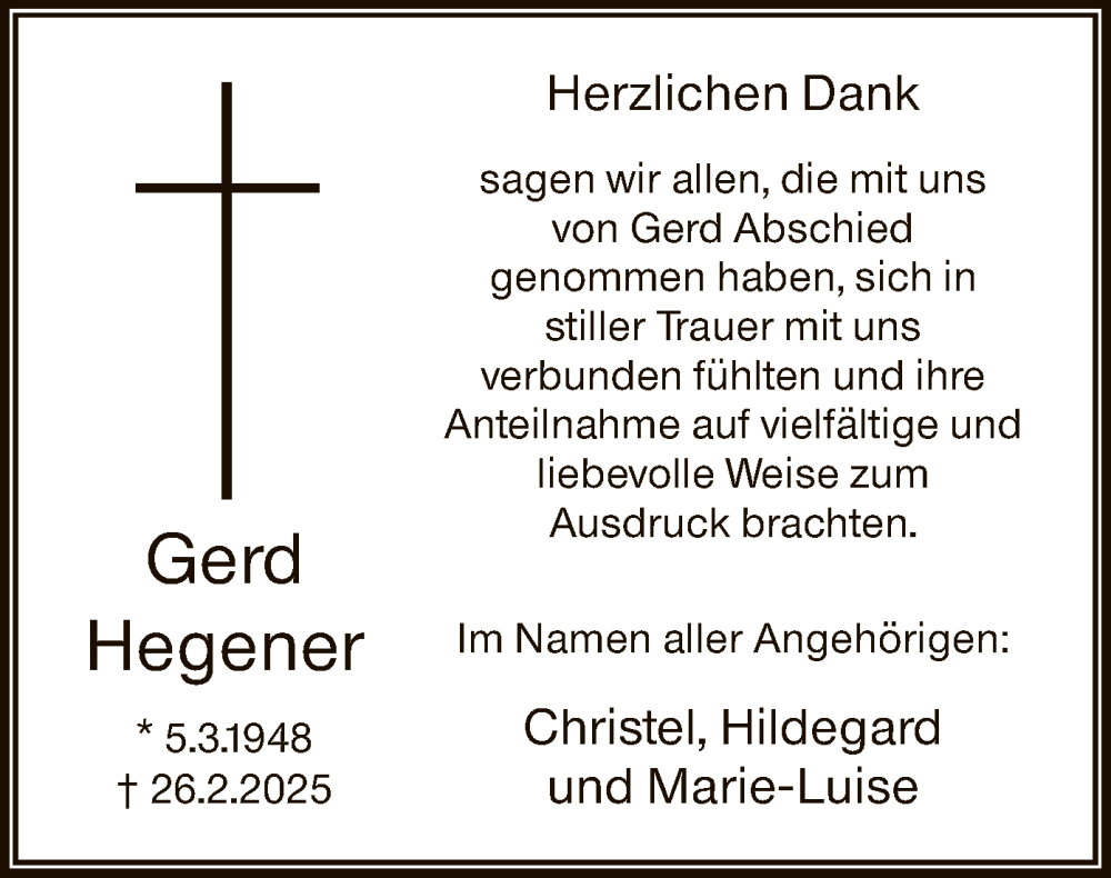  Traueranzeige für Gerd Hegener vom 05.04.2025 aus WA