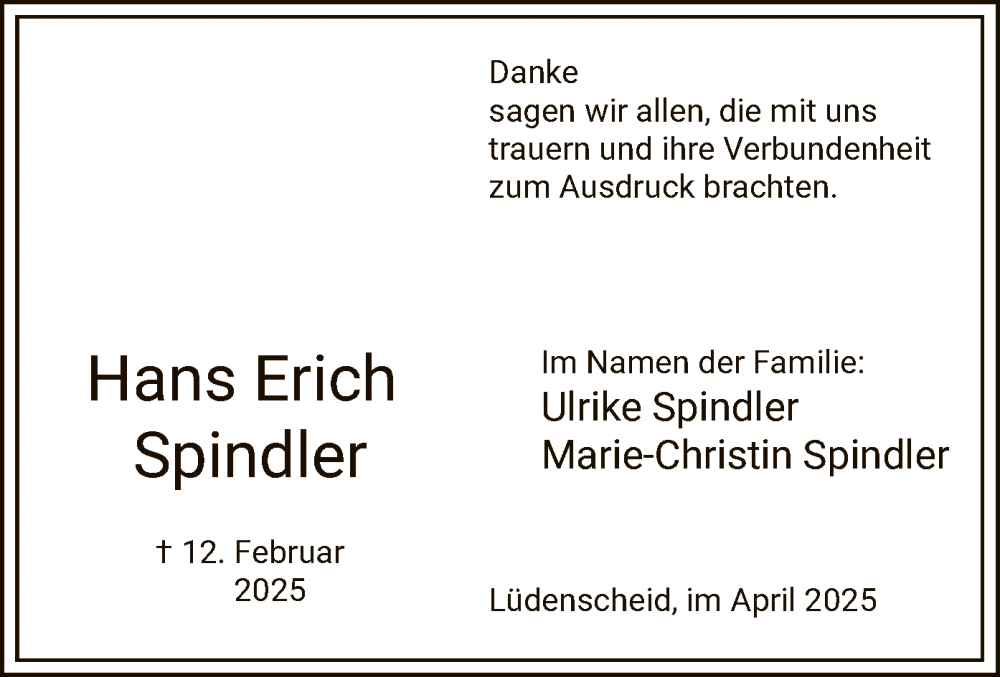  Traueranzeige für Hans Erich Spindler vom 14.04.2025 aus WA