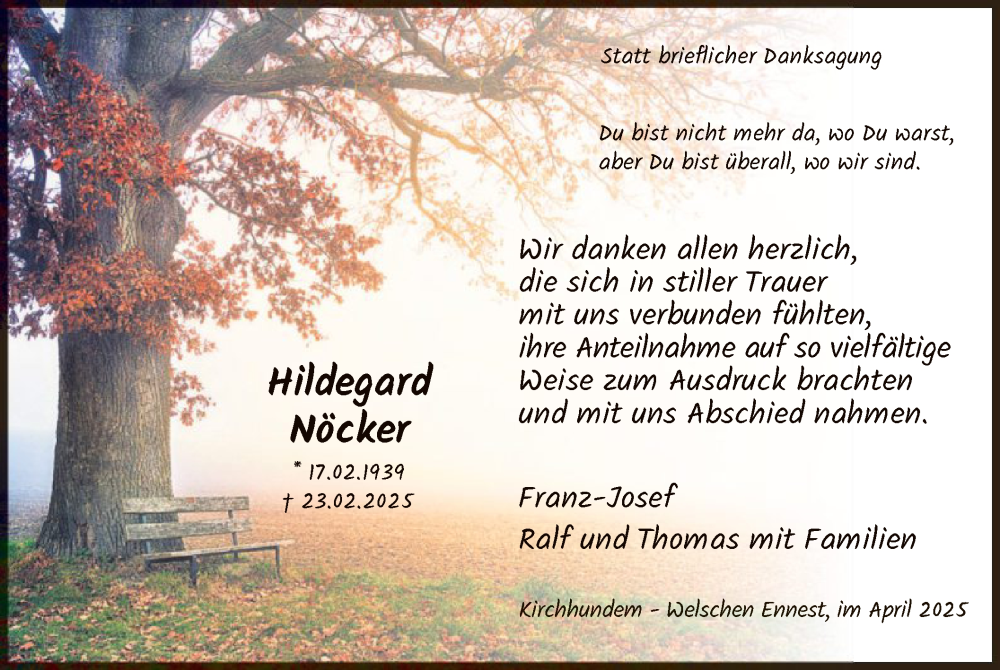  Traueranzeige für Hildegard Nöcker vom 05.04.2025 aus WA
