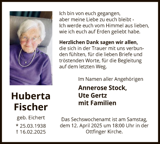 Traueranzeige von Huberta Fischer von WA