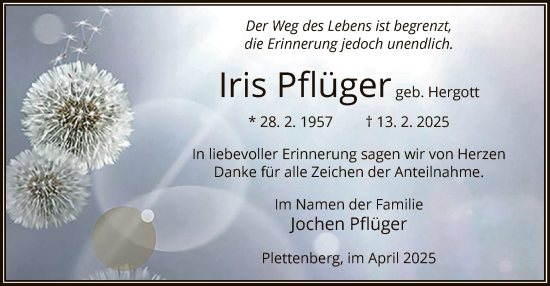 Traueranzeige von Iris Pflüger von WA