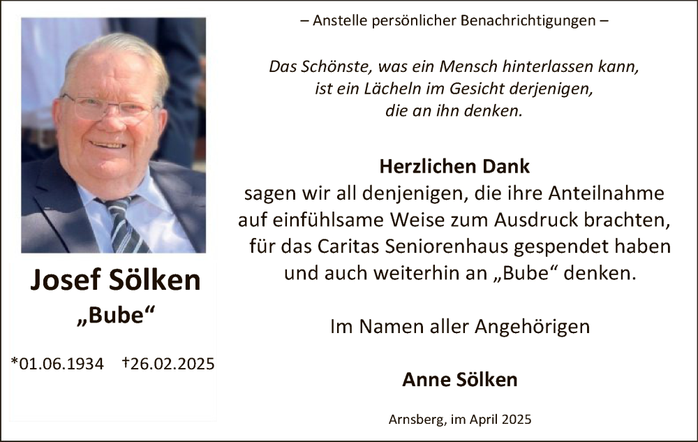  Traueranzeige für Josef Sölken vom 26.04.2025 aus WA