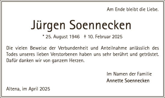 Traueranzeige von Jürgen Soennecken von WA