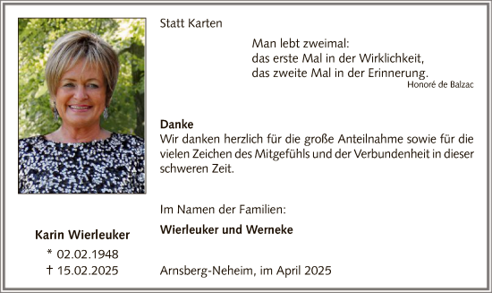 Traueranzeige von Karin Wierleuker von WA