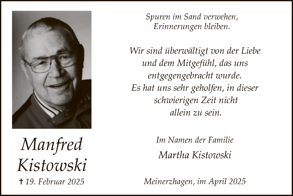  Traueranzeige für Manfred Kistowski vom 05.04.2025 aus WA