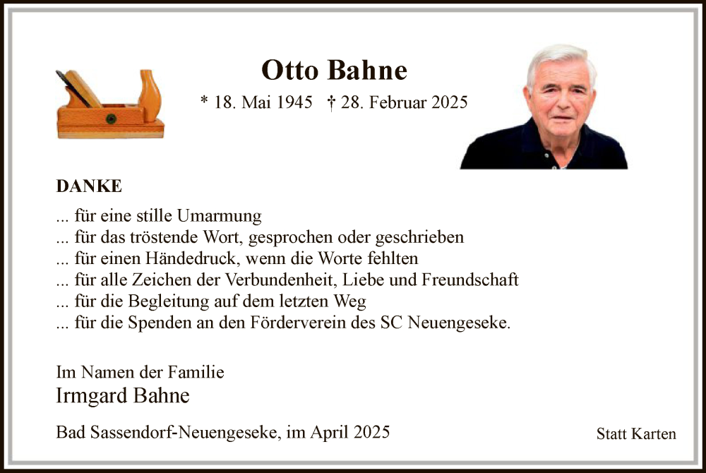  Traueranzeige für Otto Bahne vom 12.04.2025 aus WA