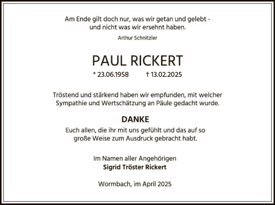 Traueranzeige von Paul Rickert von WA
