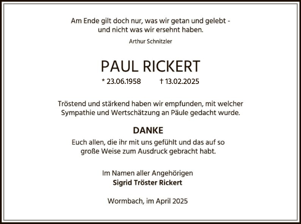  Traueranzeige für Paul Rickert vom 12.04.2025 aus WA