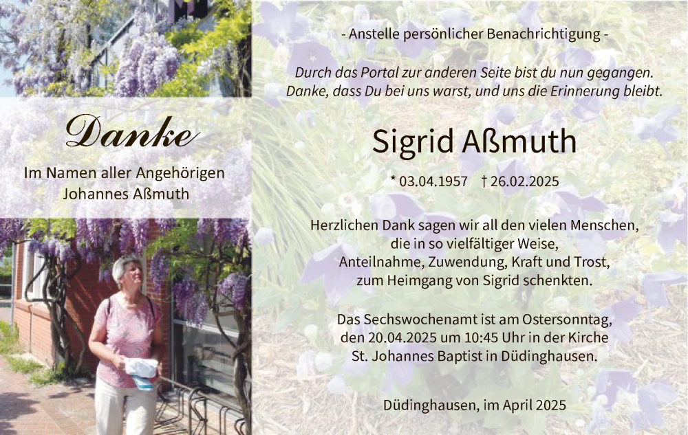  Traueranzeige für Sigrid Aßmuth vom 12.04.2025 aus WA