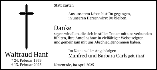 Traueranzeige von Waltraud Hanf von WA