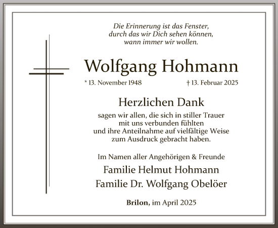 Traueranzeige von Wolfgang Hohmann von WA