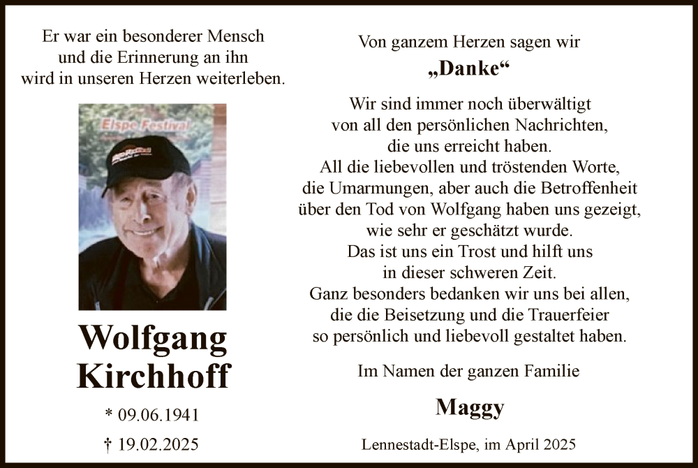  Traueranzeige für Wolfgang Kirchhoff vom 05.04.2025 aus WA