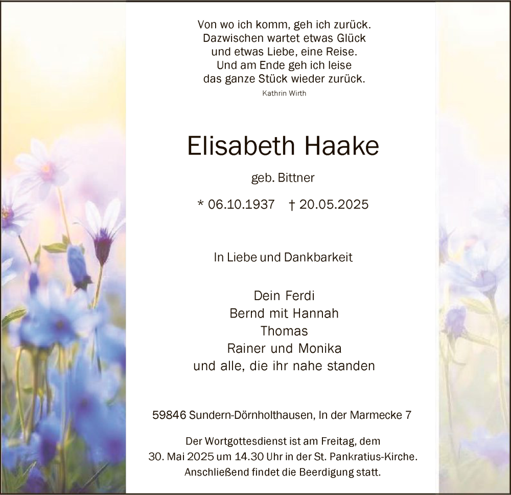  Traueranzeige für Elisabeth Haake vom 24.05.2025 aus HASK