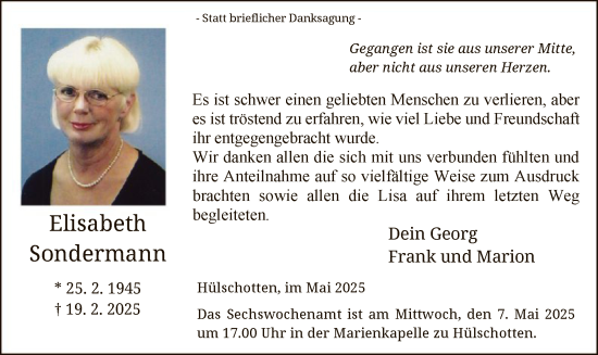 Traueranzeige von Elisabeth Sondermann von WA