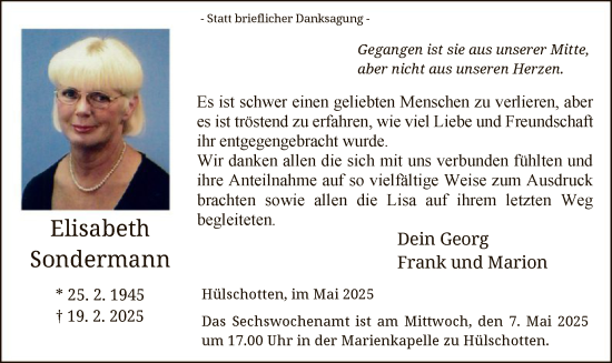 Traueranzeige von Elisabeth Sondermann von WA