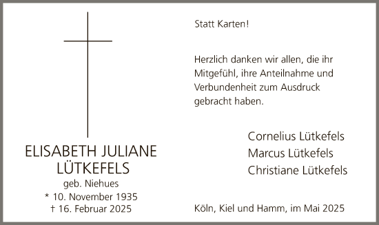 Traueranzeige von Elisabeth Juliane Lütkefels von WA