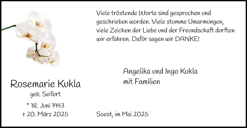  Traueranzeige für Rosemarie Kukla vom 03.05.2025 aus WA