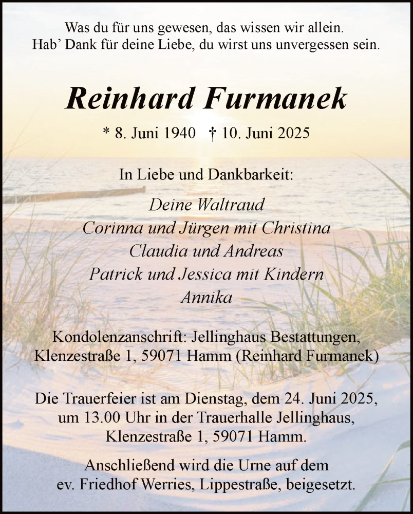  Traueranzeige für Reinhard Furmanek vom 21.06.2025 aus HAWA