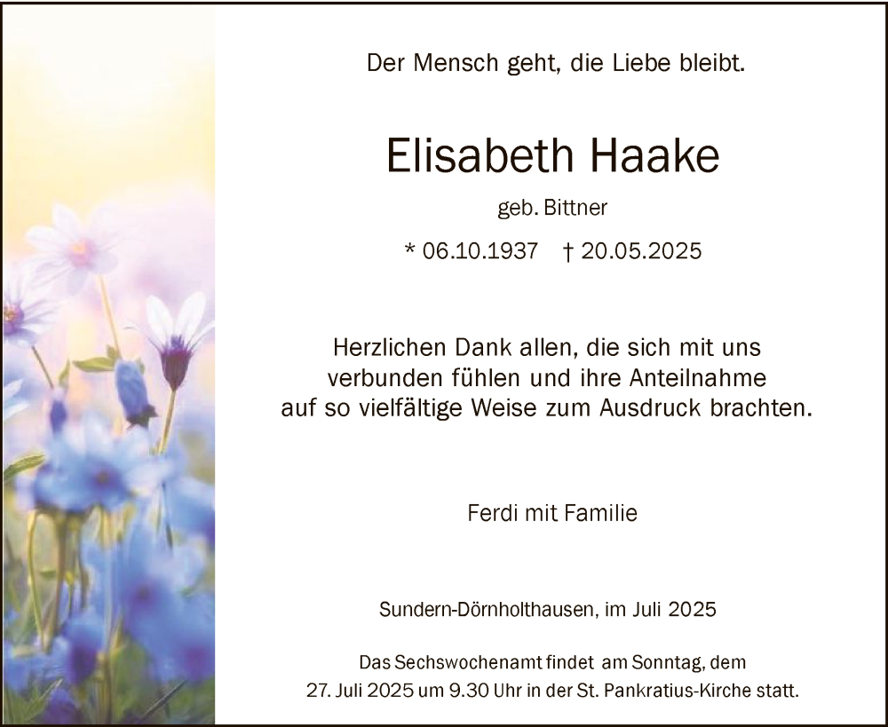 Traueranzeige für Elisabeth Haake vom 05.07.2025 aus HASK