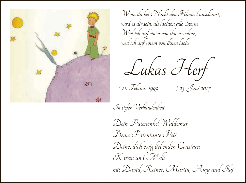 Traueranzeige für Lukas Herf vom 02.07.2025 aus HAWA