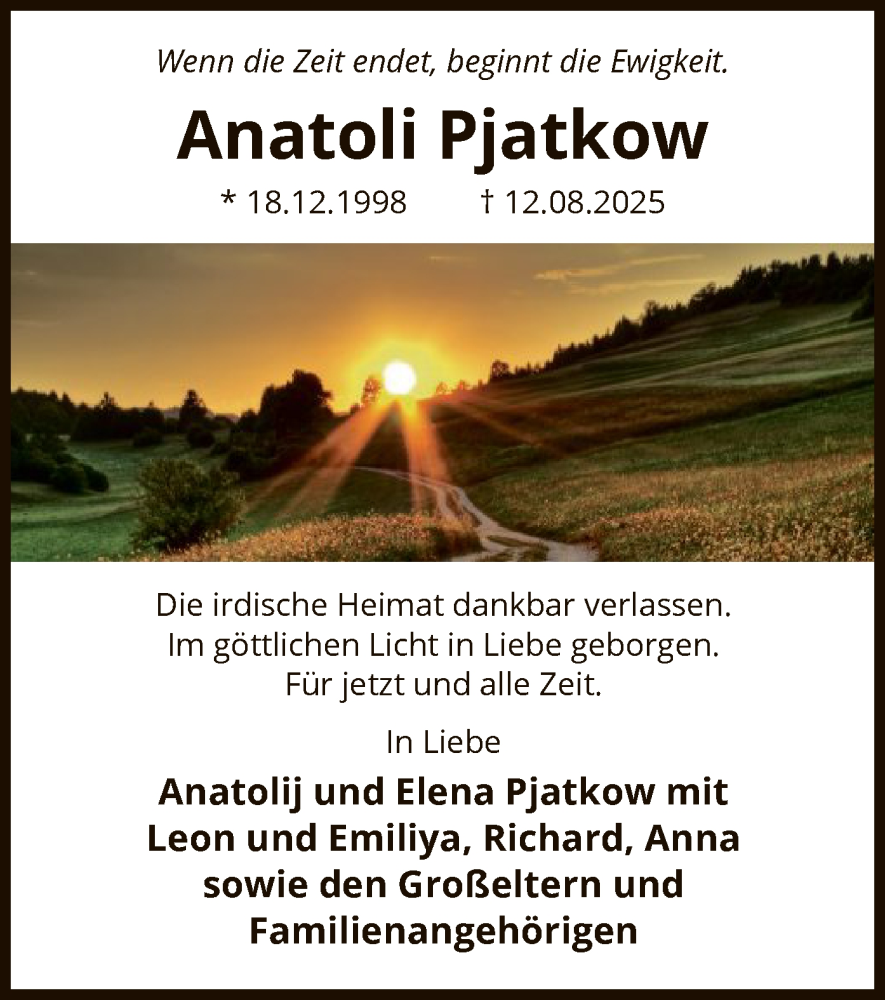  Traueranzeige für Anatoli Pjatkow vom 23.08.2025 aus HASK