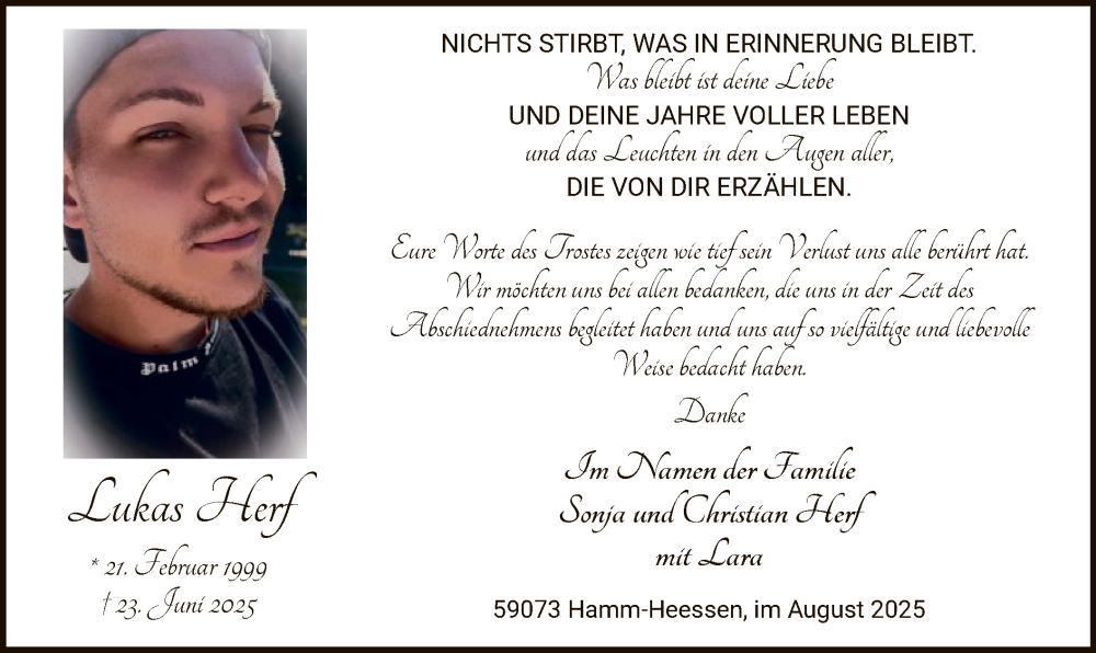  Traueranzeige für Lukas Herf vom 06.08.2025 aus HAWA