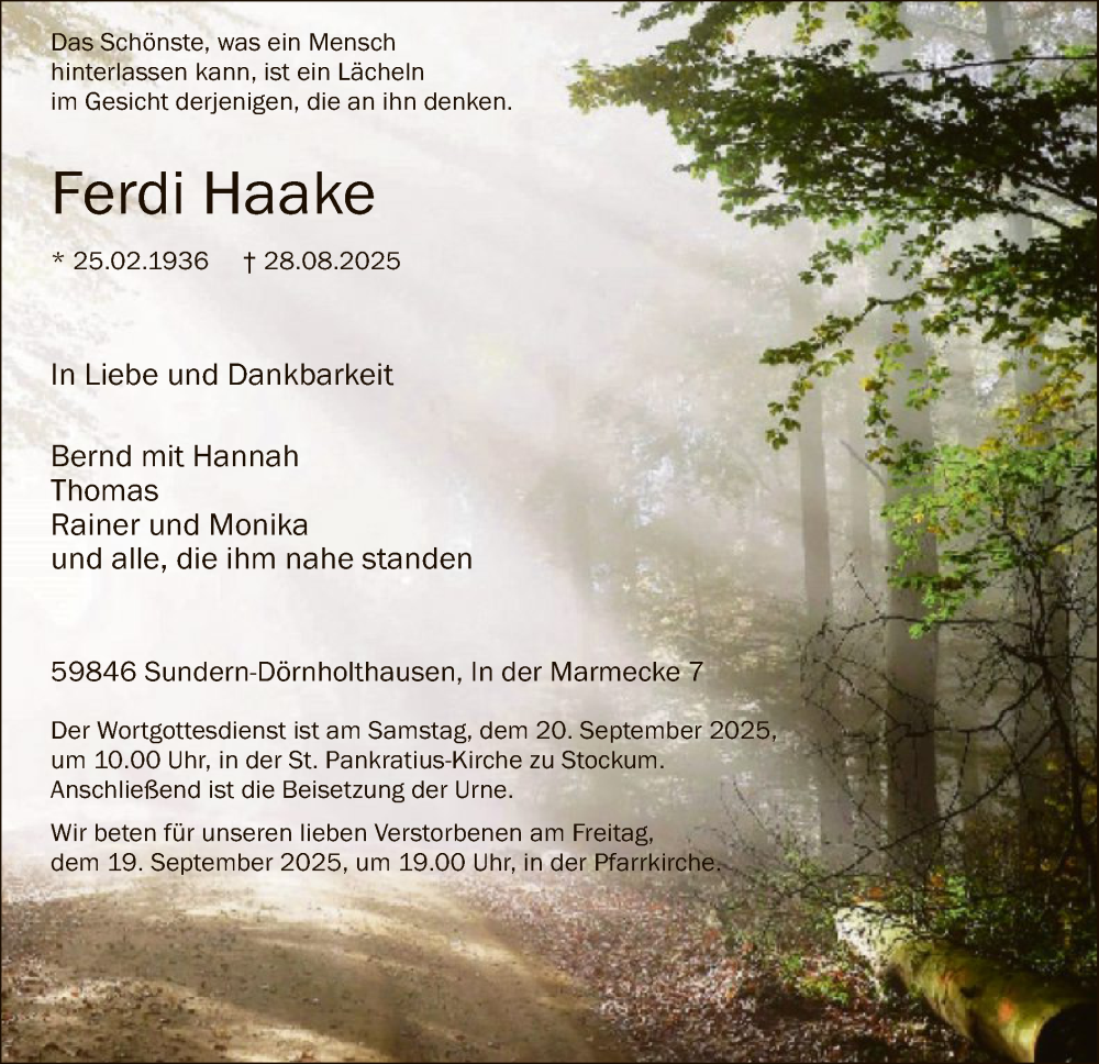  Traueranzeige für Ferdi Haake vom 13.09.2025 aus HASK