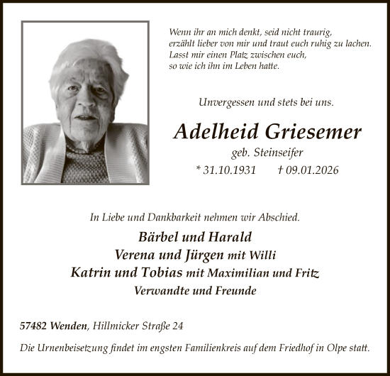 Traueranzeige von Adelheid Griesemer von HASK
