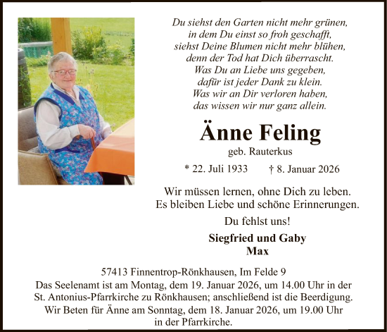 Traueranzeige von Änne Feling von HASK