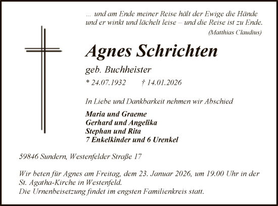 Traueranzeige von Agnes Schrichten von HASK