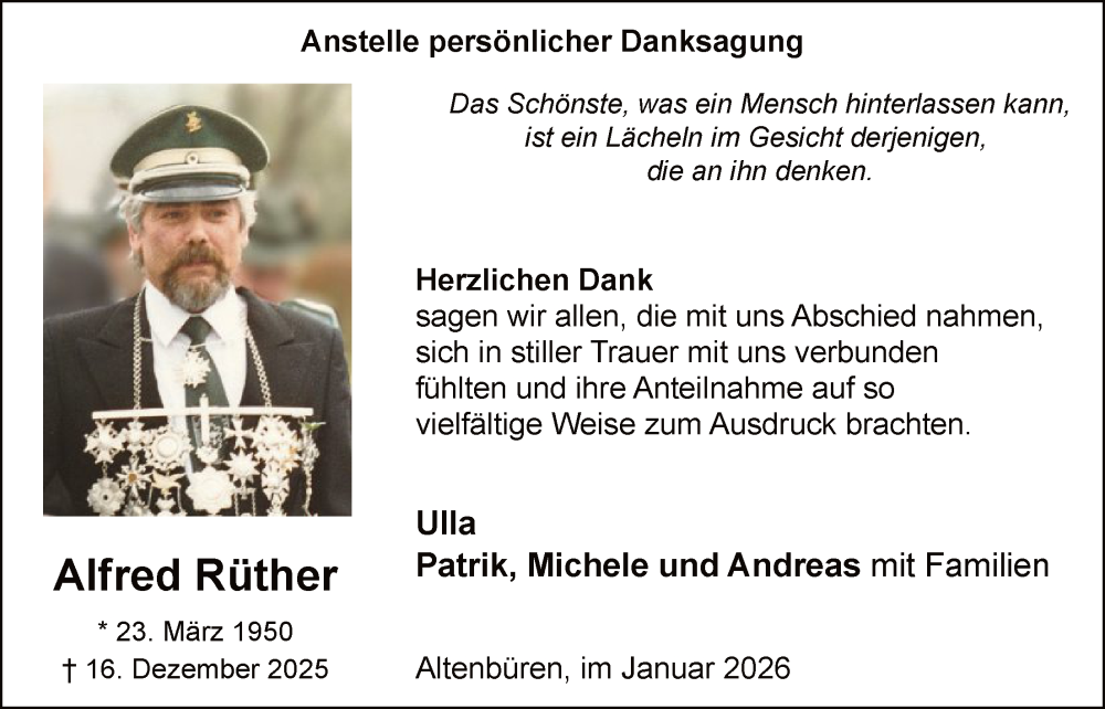  Traueranzeige für Alfred Rüther vom 24.01.2026 aus HASK