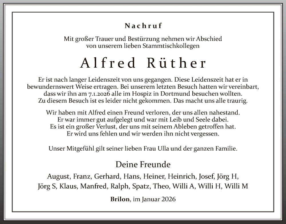  Traueranzeige für Alfred Rüther vom 03.01.2026 aus HASK