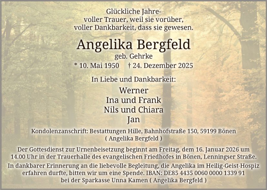 Traueranzeige von Angelika Bergfeld von HAWA