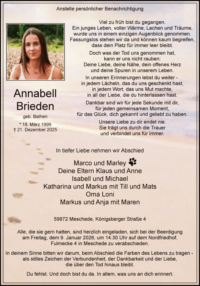  Traueranzeige für Annabell Brieden vom 03.01.2026 aus HASK