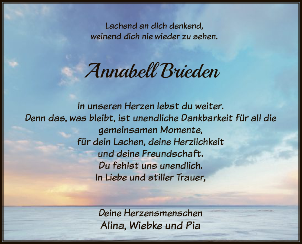  Traueranzeige für Annabell Brieden vom 10.01.2026 aus HASK