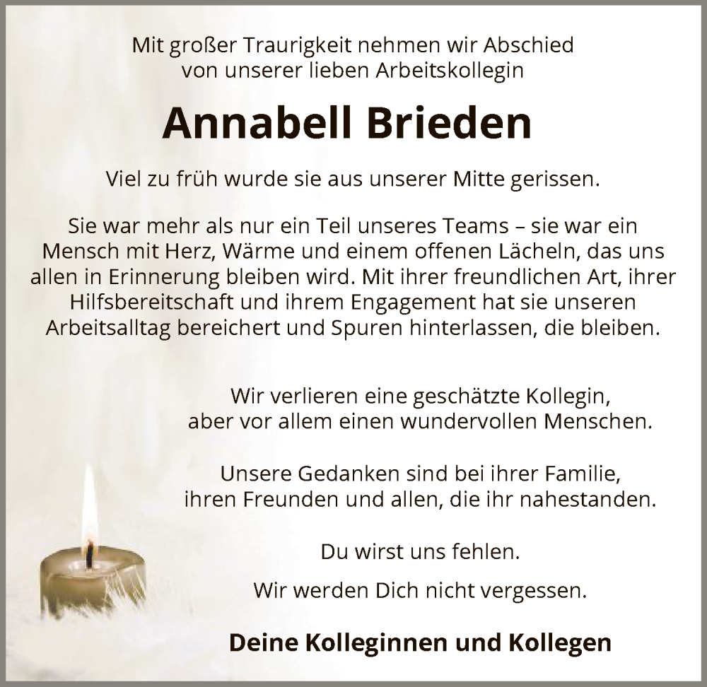  Traueranzeige für Annabell Brieden vom 03.01.2026 aus HASK