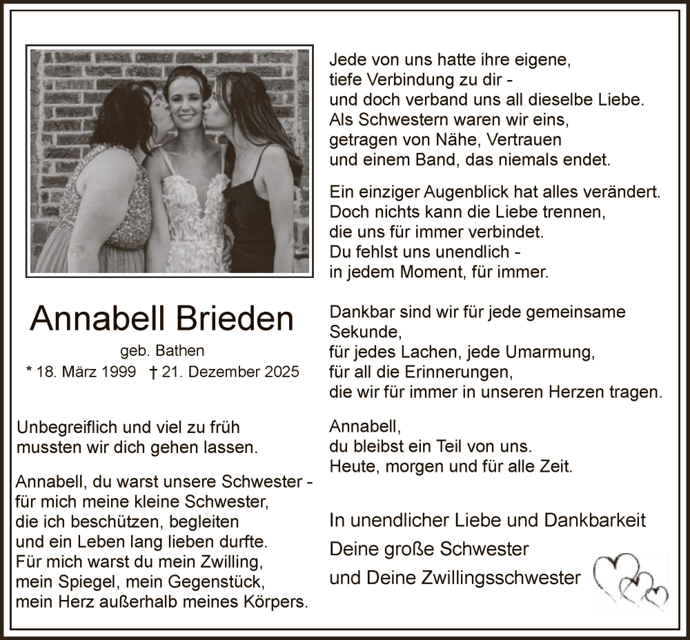  Traueranzeige für Annabell Brieden vom 03.01.2026 aus HASK