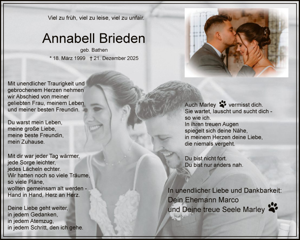  Traueranzeige für Annabell Brieden vom 03.01.2026 aus HASK