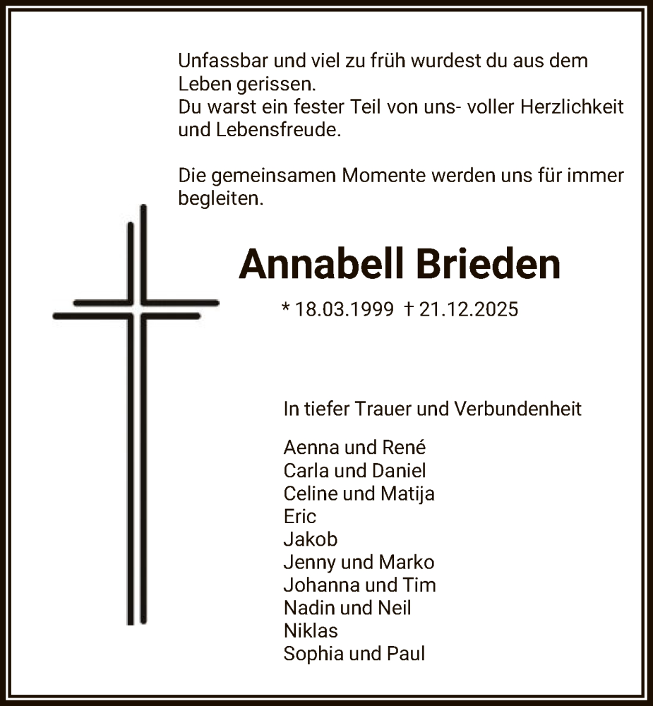  Traueranzeige für Annabell Brieden vom 10.01.2026 aus HASK