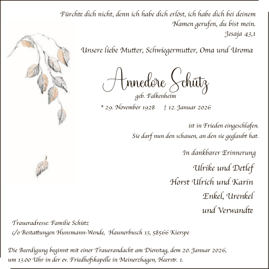 Traueranzeige von Annedore Schütz von HALN