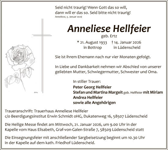 Traueranzeige von Anneliese Hellfeier von HALN