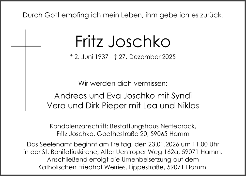  Traueranzeige für Fritz Joschko vom 10.01.2026 aus HAWA