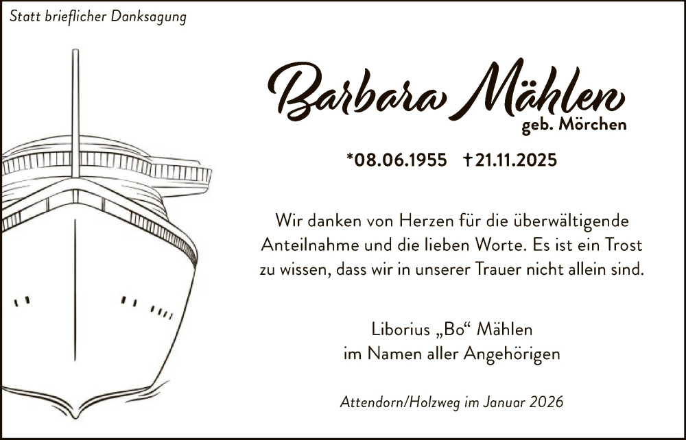  Traueranzeige für Barbara Mählen vom 17.01.2026 aus HASK