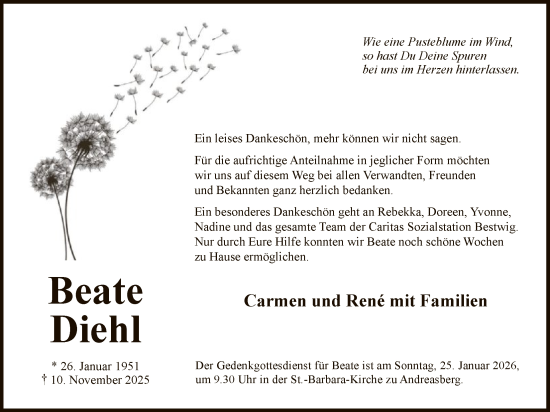 Traueranzeige von Beate Diehl von HASK