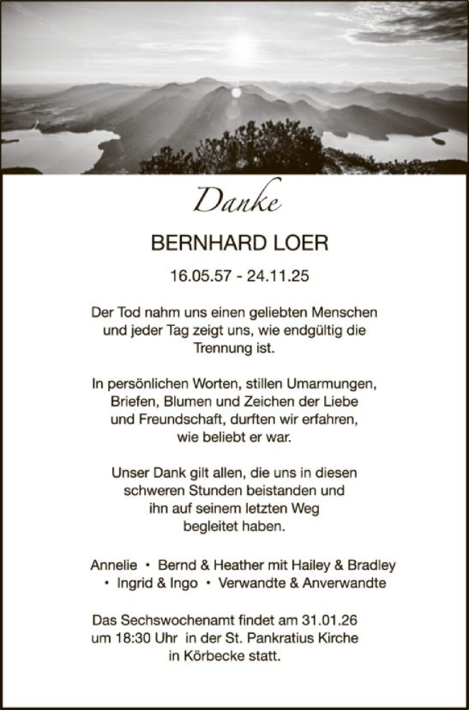  Traueranzeige für Bernhard Loer vom 24.01.2026 aus HASO