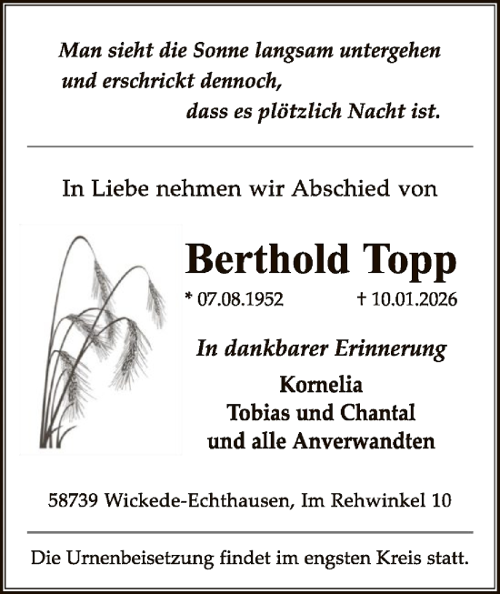 Traueranzeige von Berthold Topp von HASO