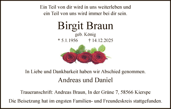 Traueranzeige von Birgit Braun von HALN