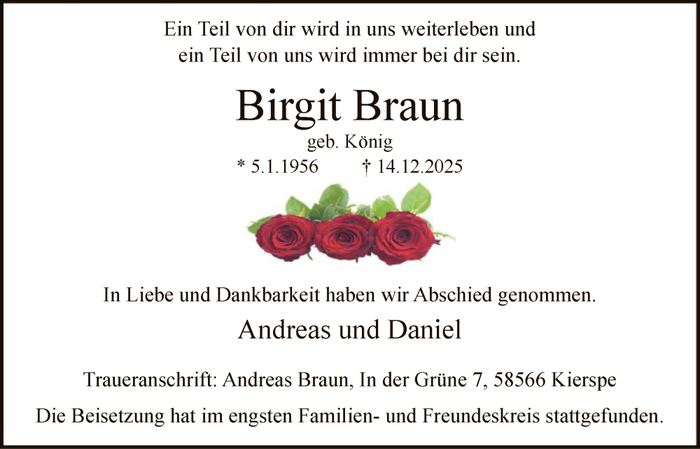  Traueranzeige für Birgit Braun vom 17.01.2026 aus HALN